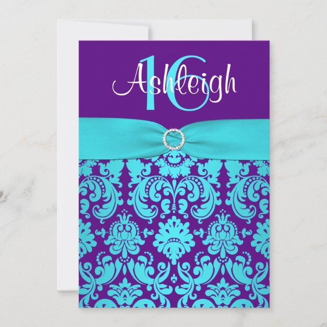 PRINTED RIBBON Purple, Aqua 16th Birthday Invite 2 (Front)