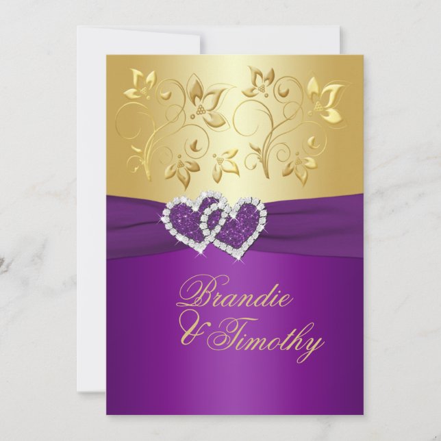 PRINTED RIBBON Purple, Gold Floral Wedding Invite (Front)
