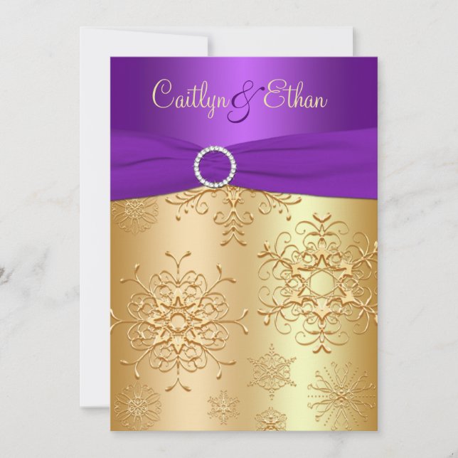 PRINTED Ribbon Purple, Gold Wedding Invitation (Front)