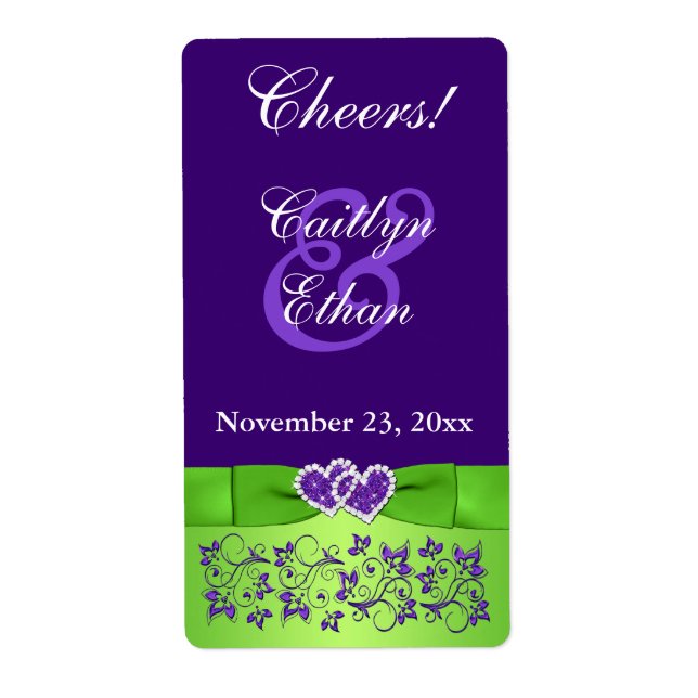 PRINTED RIBBON Purple, Green Wedding Wine Label (Front)