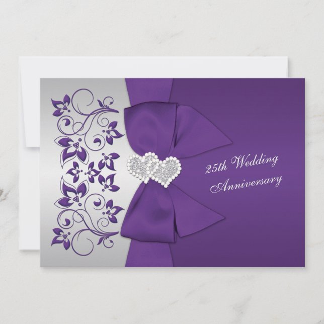 PRINTED RIBBON Purple, Silver 25th Anniversary Invitation (Front)