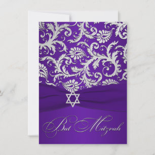 PRINTED RIBBON Purple, Silver Damask Bat Mitzvah Invitation