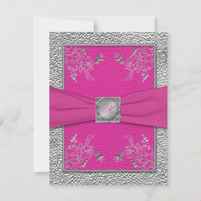 PRINTED RIBBON Raspberry Pink, Pewter RSVP Card (Front)