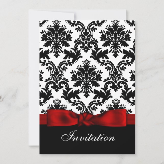 Printed ribbon Red damask  wedding invitation (Front)