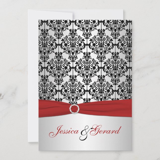PRINTED RIBBON Red, Grey, & Black Damask Wedding Invitation (Front)