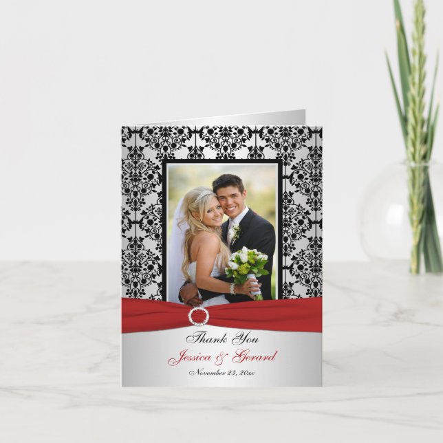 PRINTED RIBBON Red Grey Black Photo Thank You Card (Front)