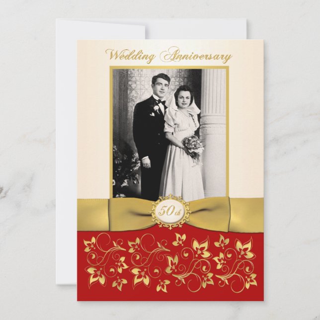 PRINTED RIBBON Red, Ivory 50th Anniversary Invite (Front)