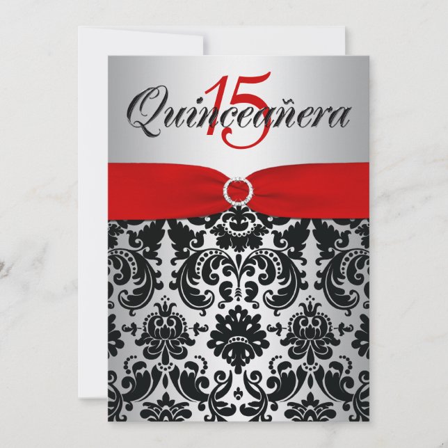 PRINTED RIBBON Red Silver Black Quinceanera Invitation (Front)