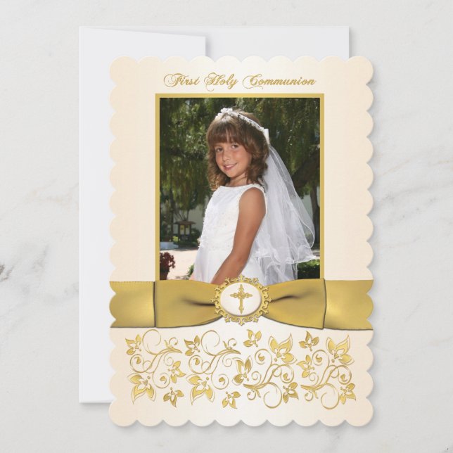 PRINTED RIBBON Scallop Edged Holy Communion Photo Invitation (Front)