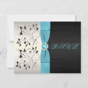 PRINTED RIBBON Silver Aqua Black Floral Reply Card