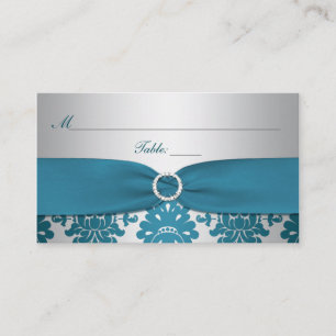 PRINTED RIBBON Silver, Teal Damask Place Card