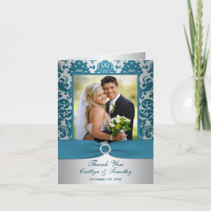PRINTED RIBBON Silver, Teal Damask Thank You Card