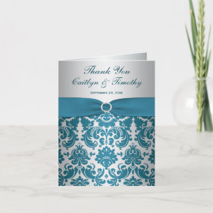 PRINTED RIBBON Silver, Teal Damask Thank You Card