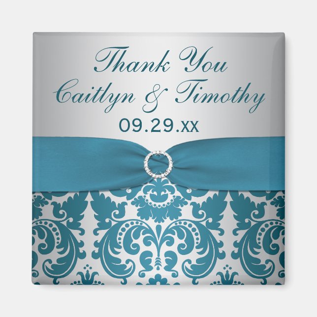 PRINTED RIBBON Silver, Teal Damask Wedding Favour Magnet (Front)