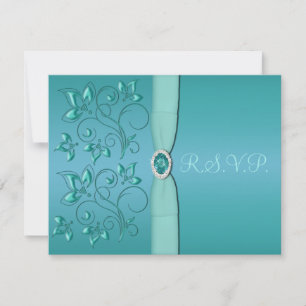 PRINTED RIBBON Teal, Aqua Floral RSVP Card