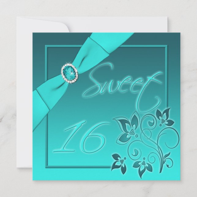 PRINTED RIBBON Teal, Aqua Sweet Sixteen Invite (Front)