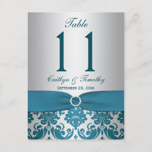 PRINTED RIBBON Teal Damask Table Number Postcard