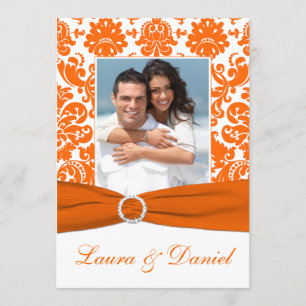 PRINTED RIBBON White, Orange Damask Wedding Invite
