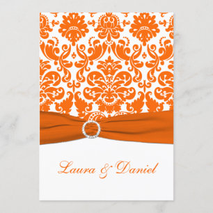 PRINTED RIBBON White, Orange Damask Wedding Invite