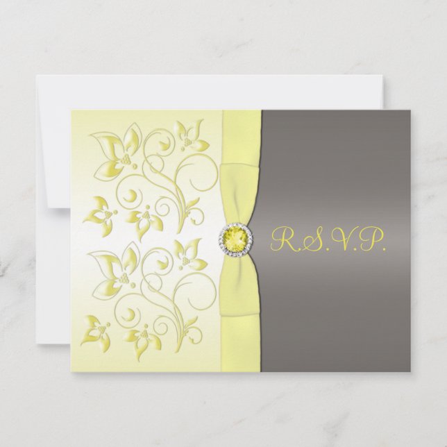 PRINTED RIBBON Yellow, Grey Floral RSVP Card (Front)