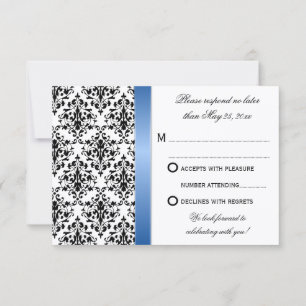 Printed Royal Blue Ribbon Damask Wedding RSVP Invitation