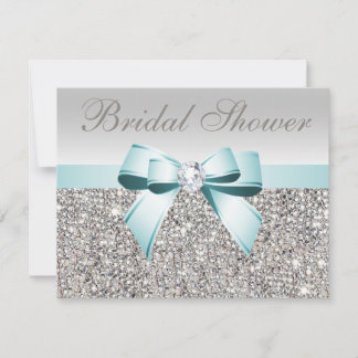 Printed Silver Sequin Teal Bow Image Bridal Shower Invitation