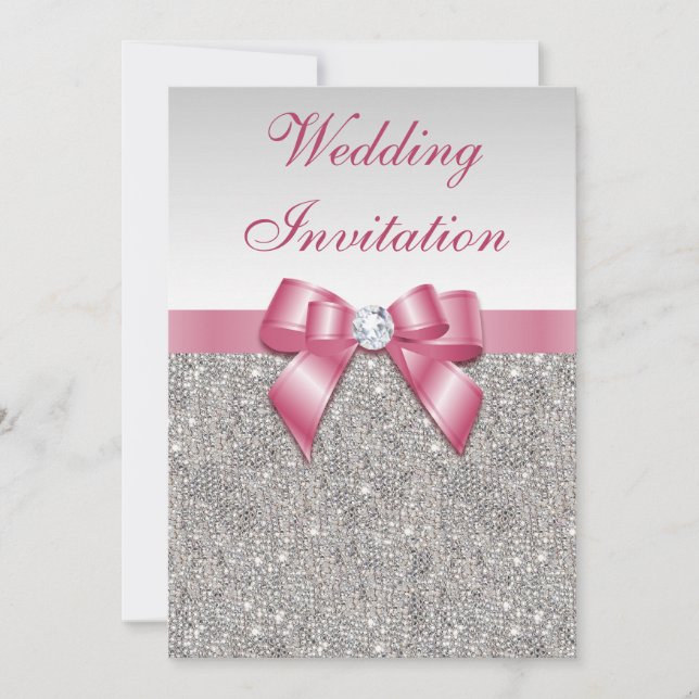 Printed Silver Sequins and Bow Pink Wedding Invitation (Front)