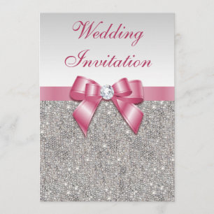 Printed Silver Sequins and Bow Pink Wedding Invitation