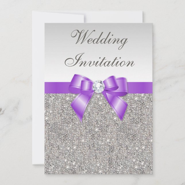 Printed Silver Sequins and Lavender Bow Wedding Invitation (Front)