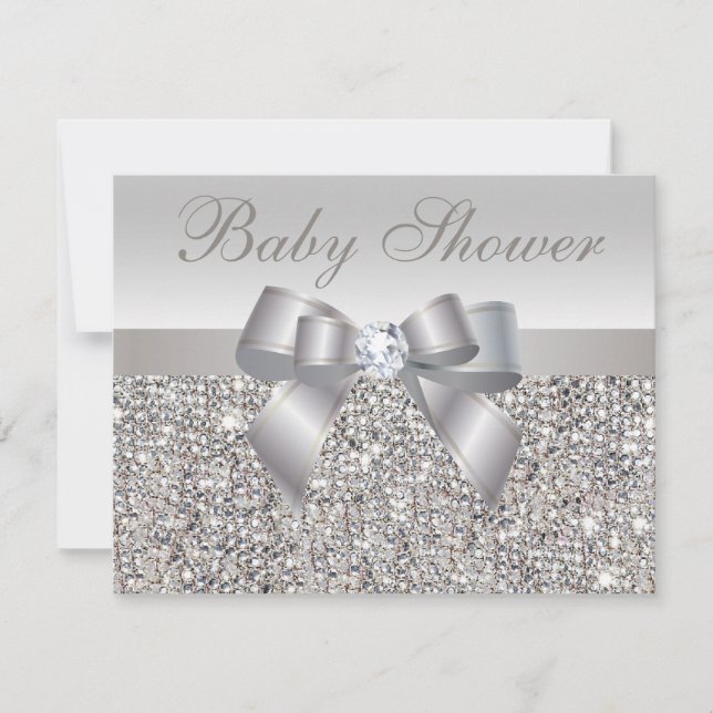 Printed Silver Sequins, Bow & Diamond Baby Shower Invitation (Front)
