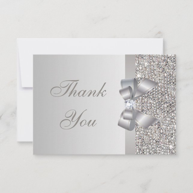 Printed Silver Sequins, Bow & Diamond Thank You Card (Front)