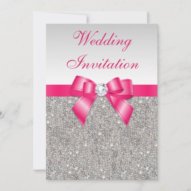 Printed Silver Sequins Hot Pink Bow Wedding Invitation (Front)