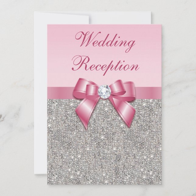 Printed Silver Sequins Pink Bow Wedding Reception Invitation (Front)