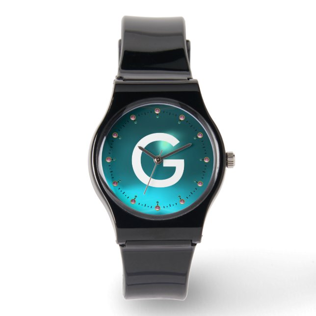 PRINTED TEAL BLUE AQUAMARINE GEMSTONE MONOGRAM WATCH (Front)