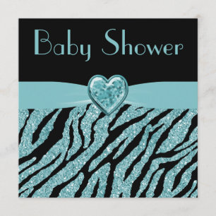 Printed Teal Heart & Zebra Glitter Baby Shower Invitation