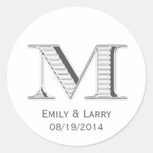 Printed white chrome monogram M wedding favour Classic Round Sticker