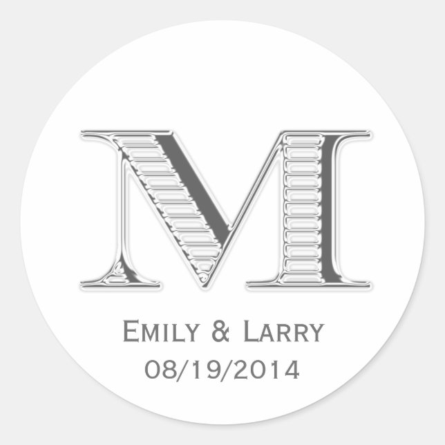 Printed white chrome monogram M wedding favour Classic Round Sticker (Front)