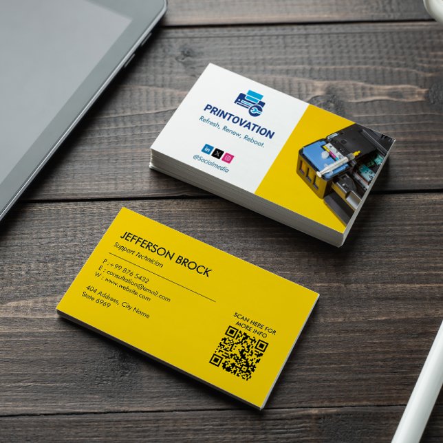 Printer Repair Business | Yellow White Barcode Card (Creator Uploaded)
