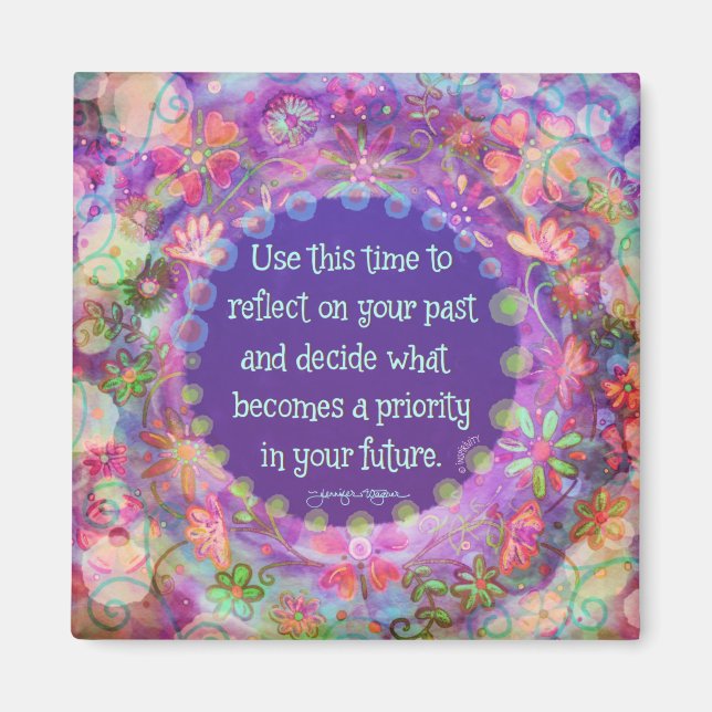 ‘Priorities Future Quote Pretty Purple Floral Magnet (Front)