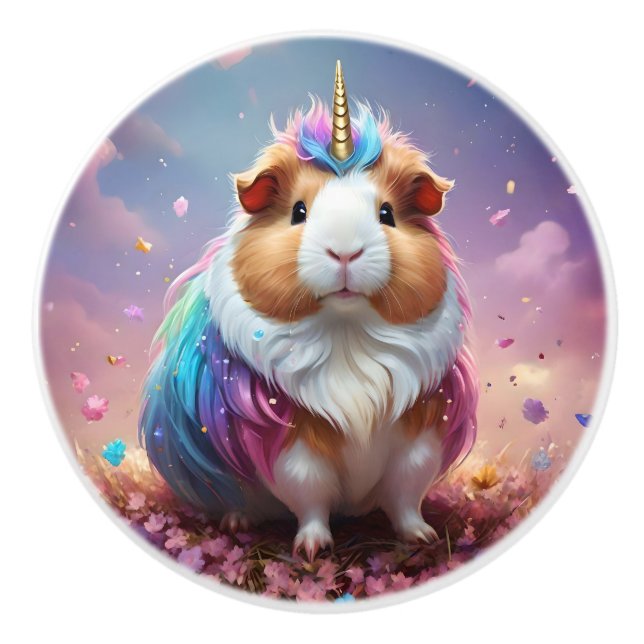 Prism Pigtail: The Radiant Unicorn Guinea Pig, Ceramic Knob (Front)
