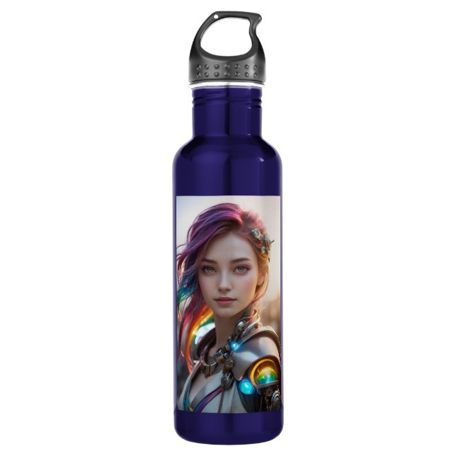 Prism Tech Rainbow Hair Cyberpunk Girl Portrait 710 Ml Water Bottle (Front)