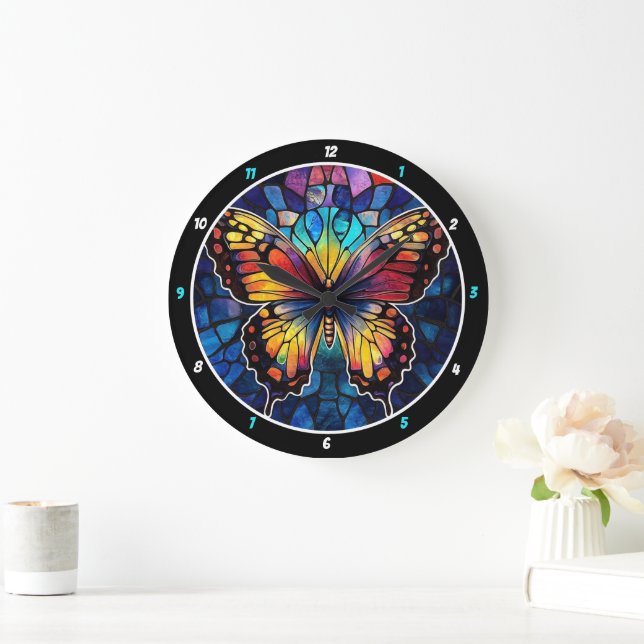 Prismatic Flight" - Stained Glass Butterfly  Large Clock (Home)