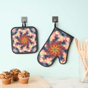 Prismatic Kaleidoscopic Psychedelic Mandala Oven Mitt & Pot Holder Set