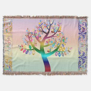 Prismatic Rainbow Tree Background & Border Throw Blanket