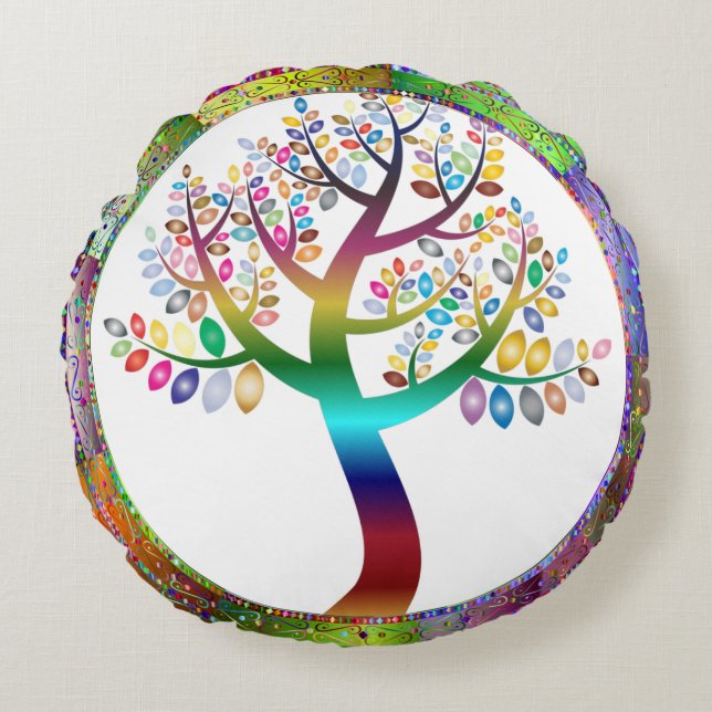 Prismatic Rainbow Tree Decorative Personalised Round Cushion (Front)