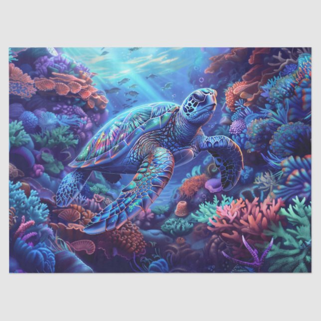 Prismatic Sea Turtle and Coral Decoupage Tissue Paper (Front)