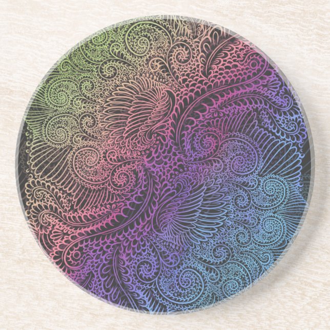Prismatic Swirl | Rainbow Fractal Feather Art Coaster (Front)