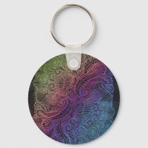 Prismatic Swirl Rainbow Fractal Feather Art Key Ring