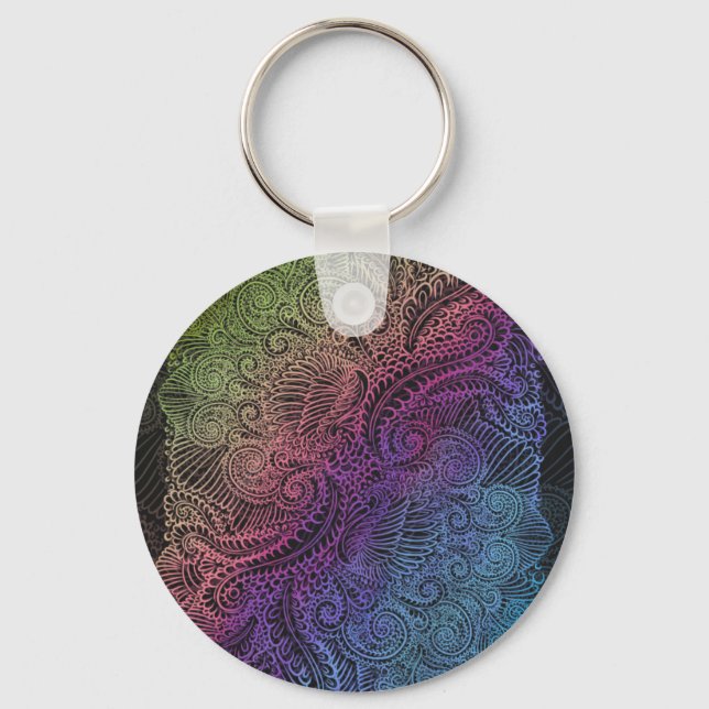 Prismatic Swirl | Rainbow Fractal Feather Art Key Ring (Front)