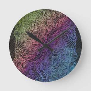 Prismatic Swirl Rainbow Fractal Feather Art Round Clock